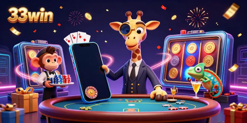 33win's vibrant casino scene showcases a high-roller giraffe, monkey valet, and chameleon bartender celebrating with gaming elements.