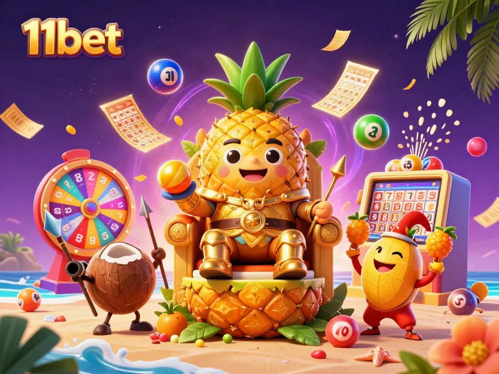 Win big with 11bet in a vibrant casino scene featuring a golden pineapple king and dynamic gaming elements.