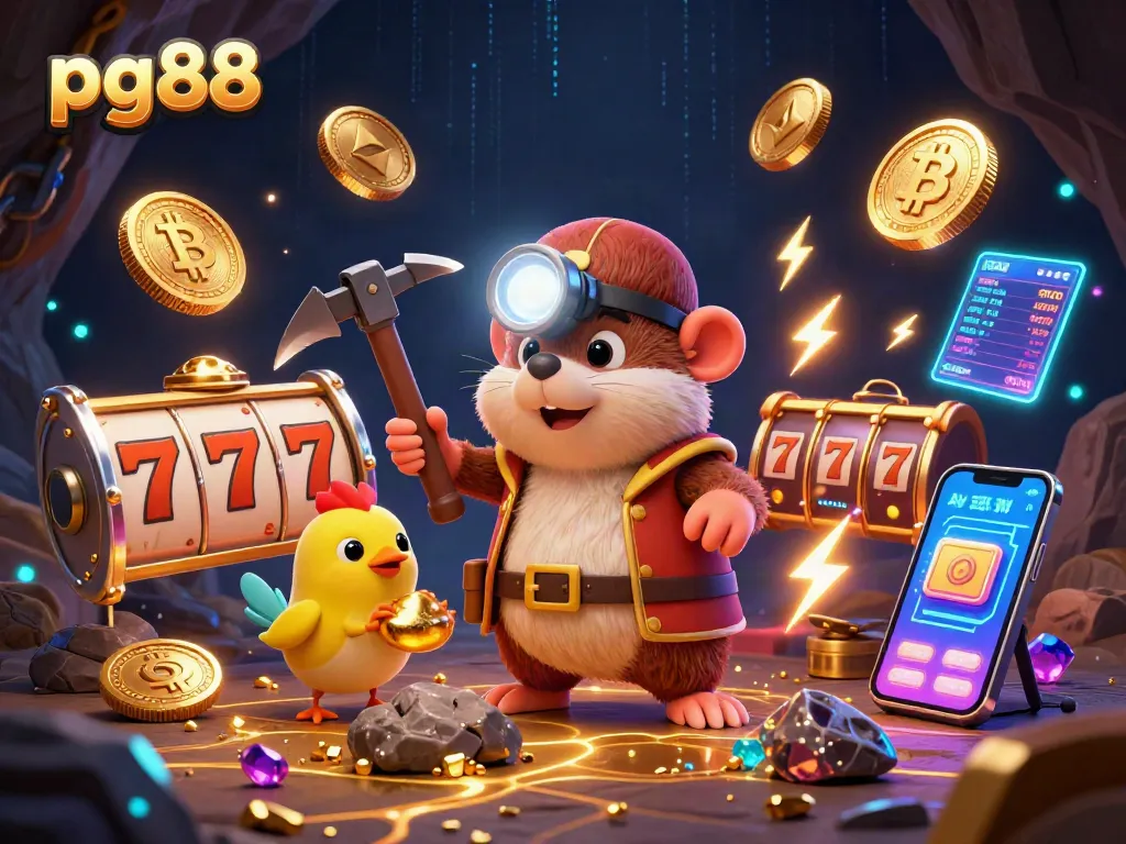 Join pg88's treasure hunter mole in a vibrant online casino scene featuring slot reels and crypto elements.