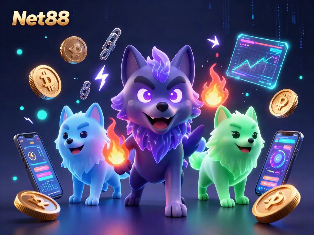 Bet big with Net88 while surrounded by dazzling crypto elements and energetic wolves in a vibrant casino scene.