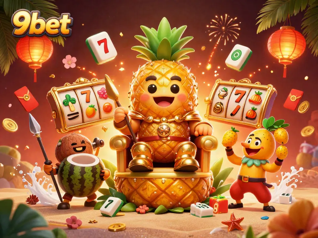 Experience thrilling gaming action with 9bet's vibrant 3D casino illustration featuring lively characters and symbols.