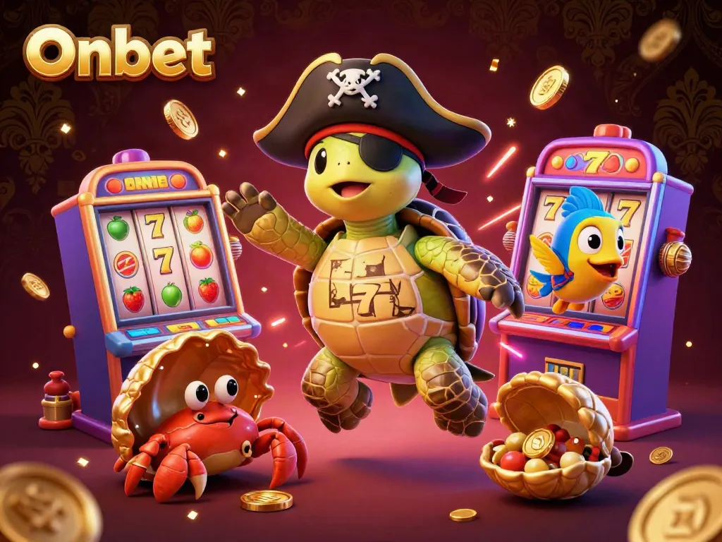 Spin the reels with Onbet, as vibrant slot machines surround playful characters in a treasure-filled scene.