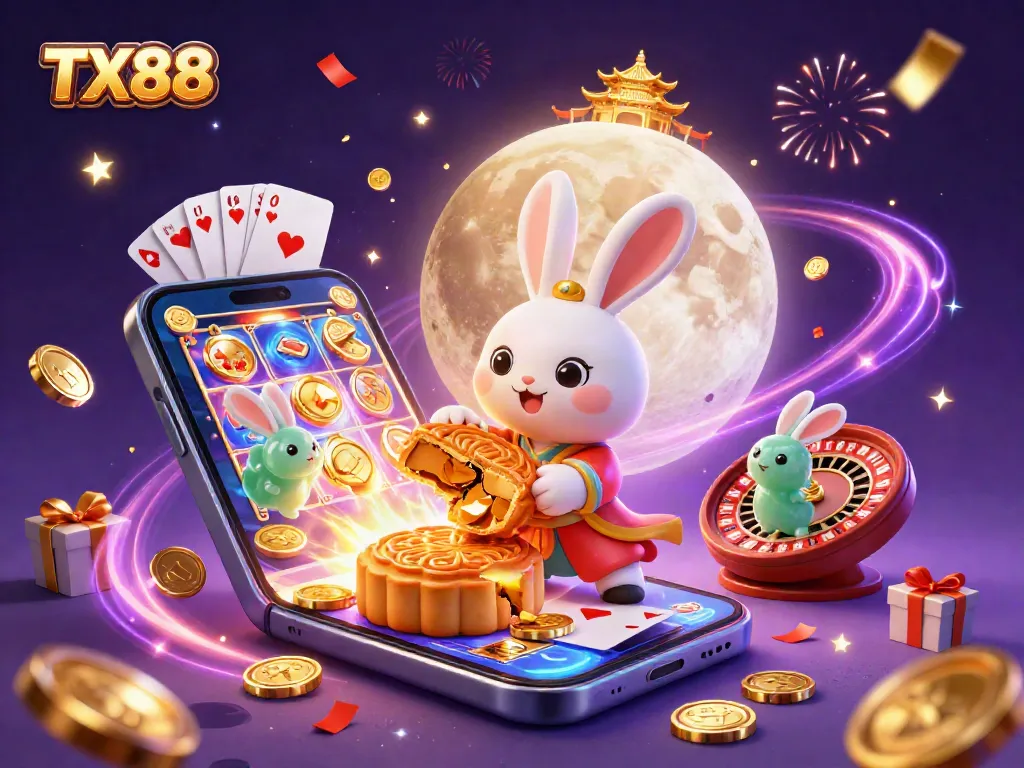 Experience the excitement of TX88 with colorful slot games and poker chips in this vibrant casino illustration.