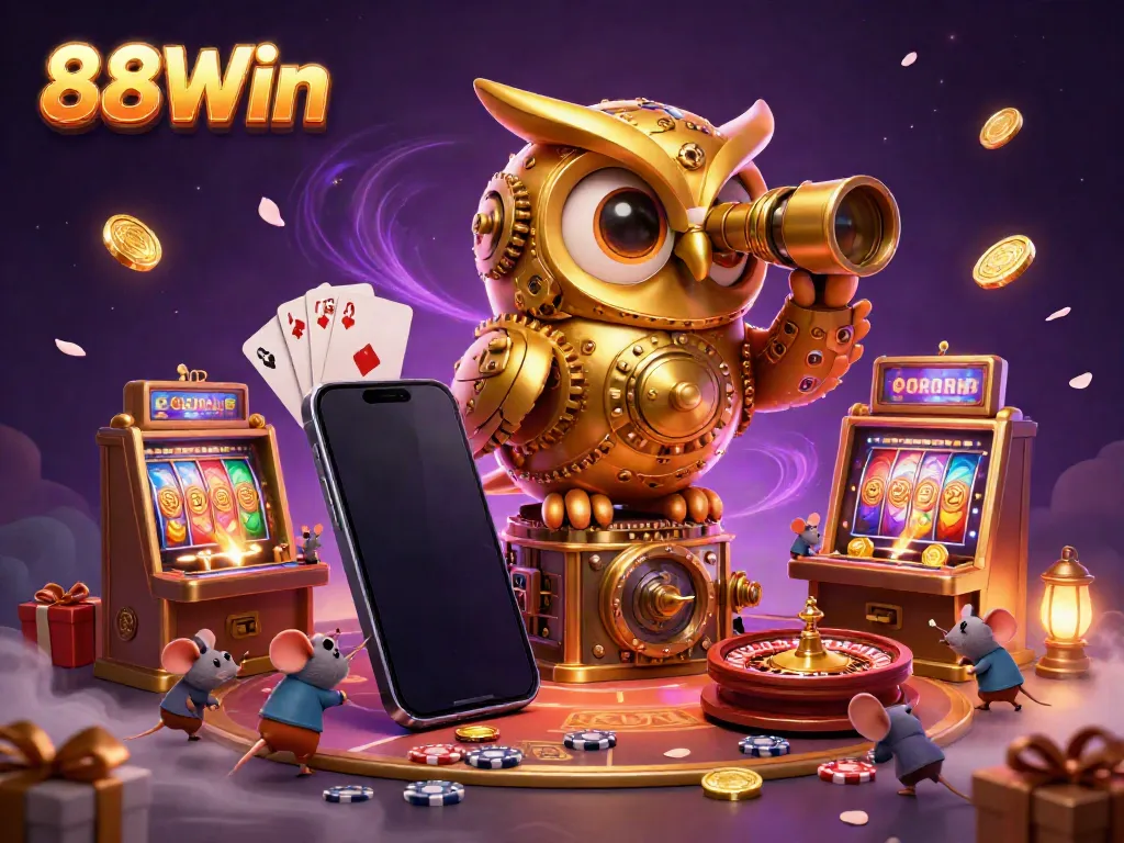 Experience the excitement at 88Win casino, where a golden owl oversees a bustling game floor filled with vibrant slot machines.