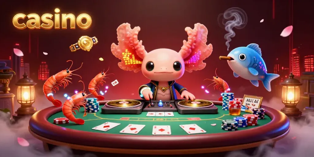 A lively casino scene with an axolotl DJ, dancing shrimp, and poker elements creating an energetic atmosphere.