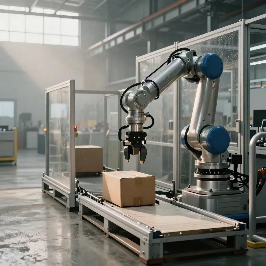 Cobot pick cell in a Midlands factory bay at dawn, stainless arm, vacuum gripper, cartons and amber beacon.