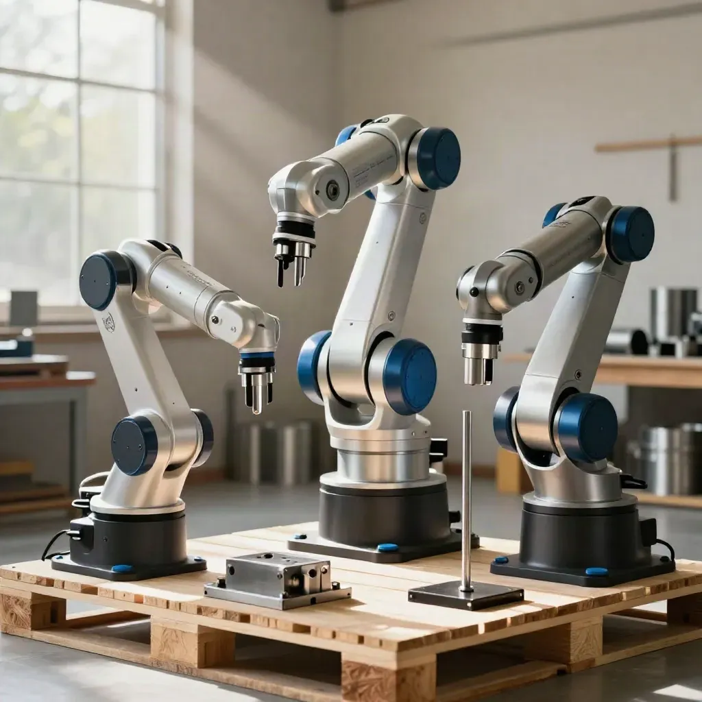 Three cobot arm sizes on a pale wood pallet beside a reach test stand, lit by warm window light.