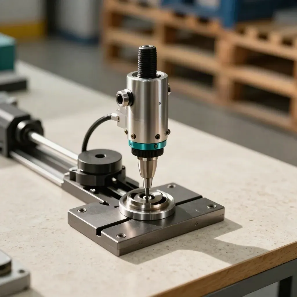 Quick-change gripper, vacuum cup head and sensor puck snapping into a robot wrist plate on a bench.
