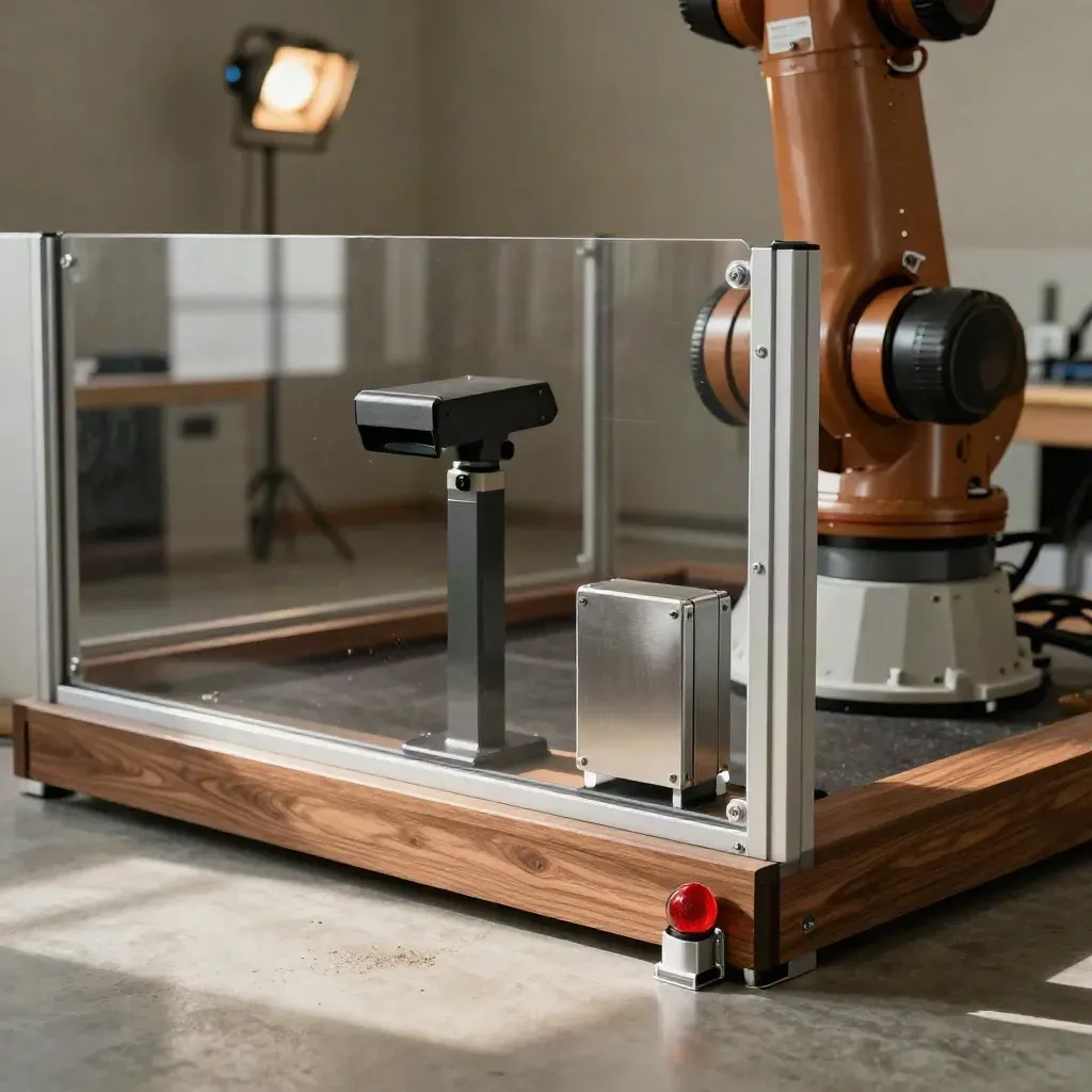Safety guard panel, floor scanner post and stop beacon in an industrial cell corner.