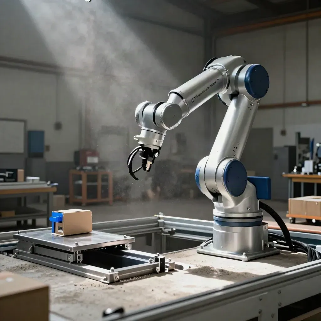 Freshly installed cobot cell with cable loom and test carton on a concrete shop floor.