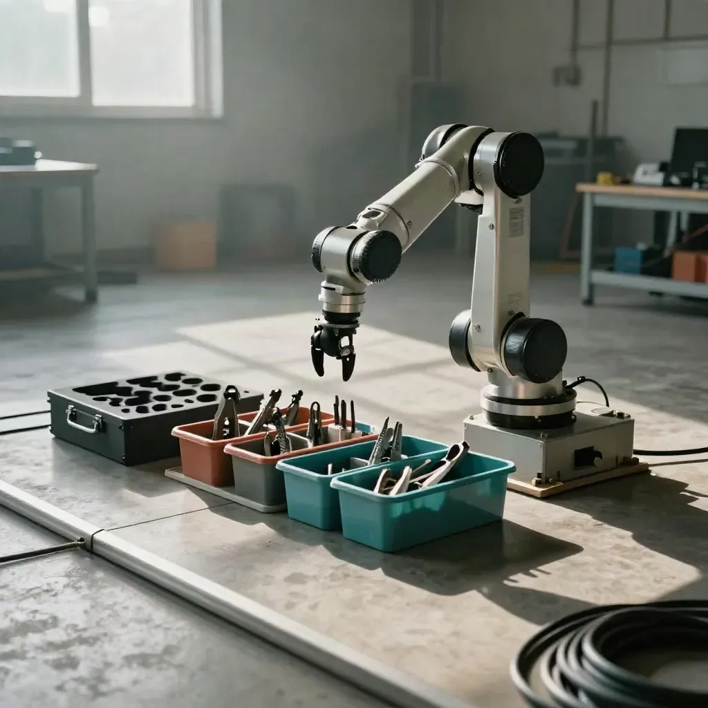 Cobot training cell with sample parts, gripper fingers, colour-coded bins and a closed control case