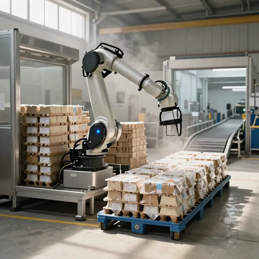 Cobot cell with cartons and a full pallet in a bright Midlands food plant