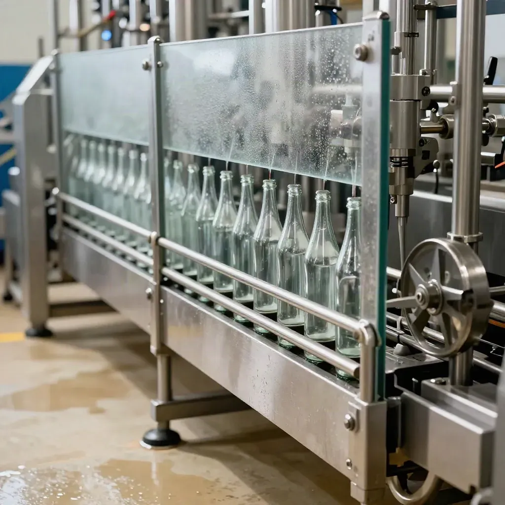 Glass bottles moving through a guarded bottling transfer station in a clean industrial plant.