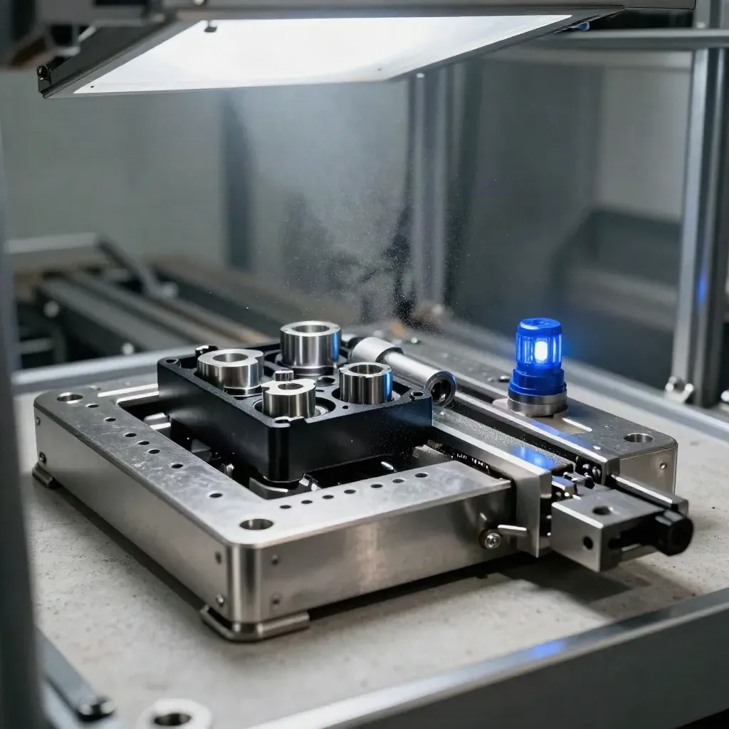 Compact metal-parts load-and-unload cell with aluminium trays and glowing ready beacon