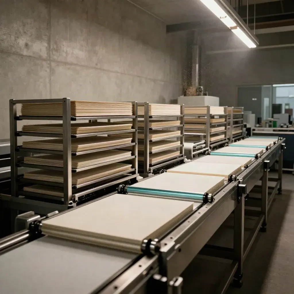 Empty print-finishing cell with trays, wrapped bundles and conveyor in moody industrial light.