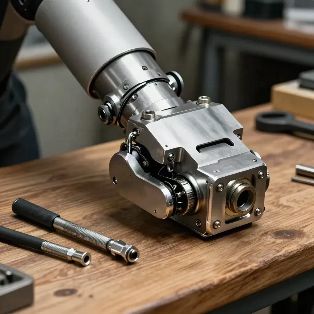 Cobot wrist assembly and service tools on a timber bench, dramatic workshop still life