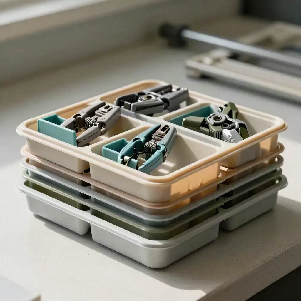 Macro of training trays, gripper fingers, and tote inserts on a concrete robotics bench.