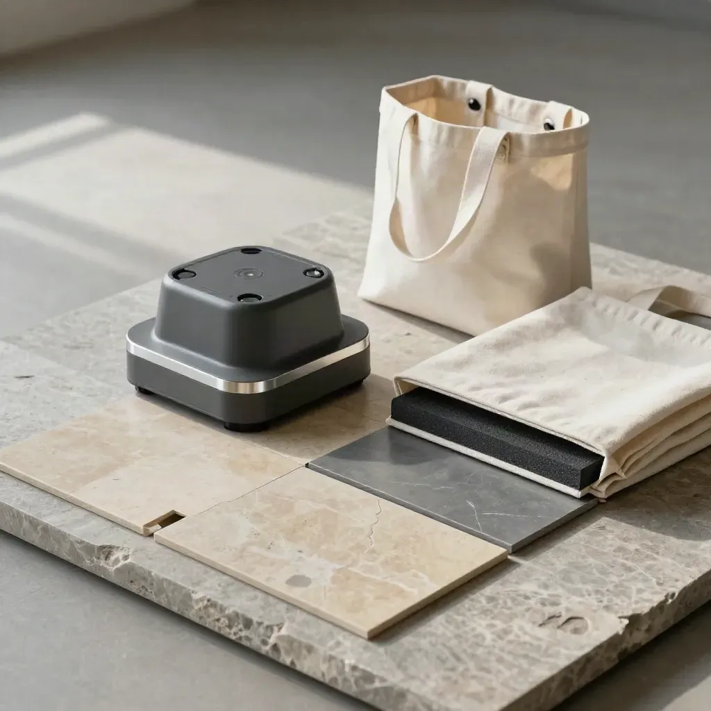 Survey tiles, robot base mockup and blank tote shells on stone, lit from one side.