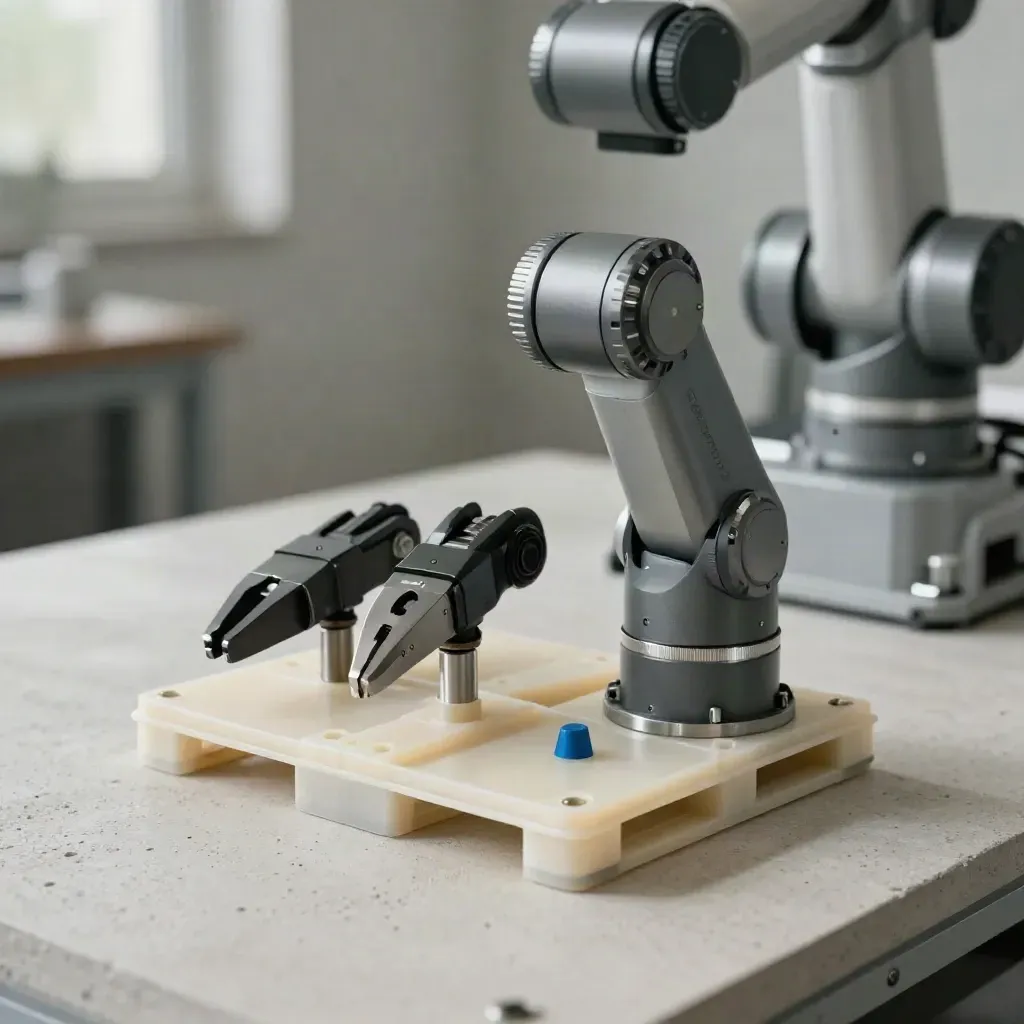 Robot wrist module with two grippers and a pallet block on pale concrete