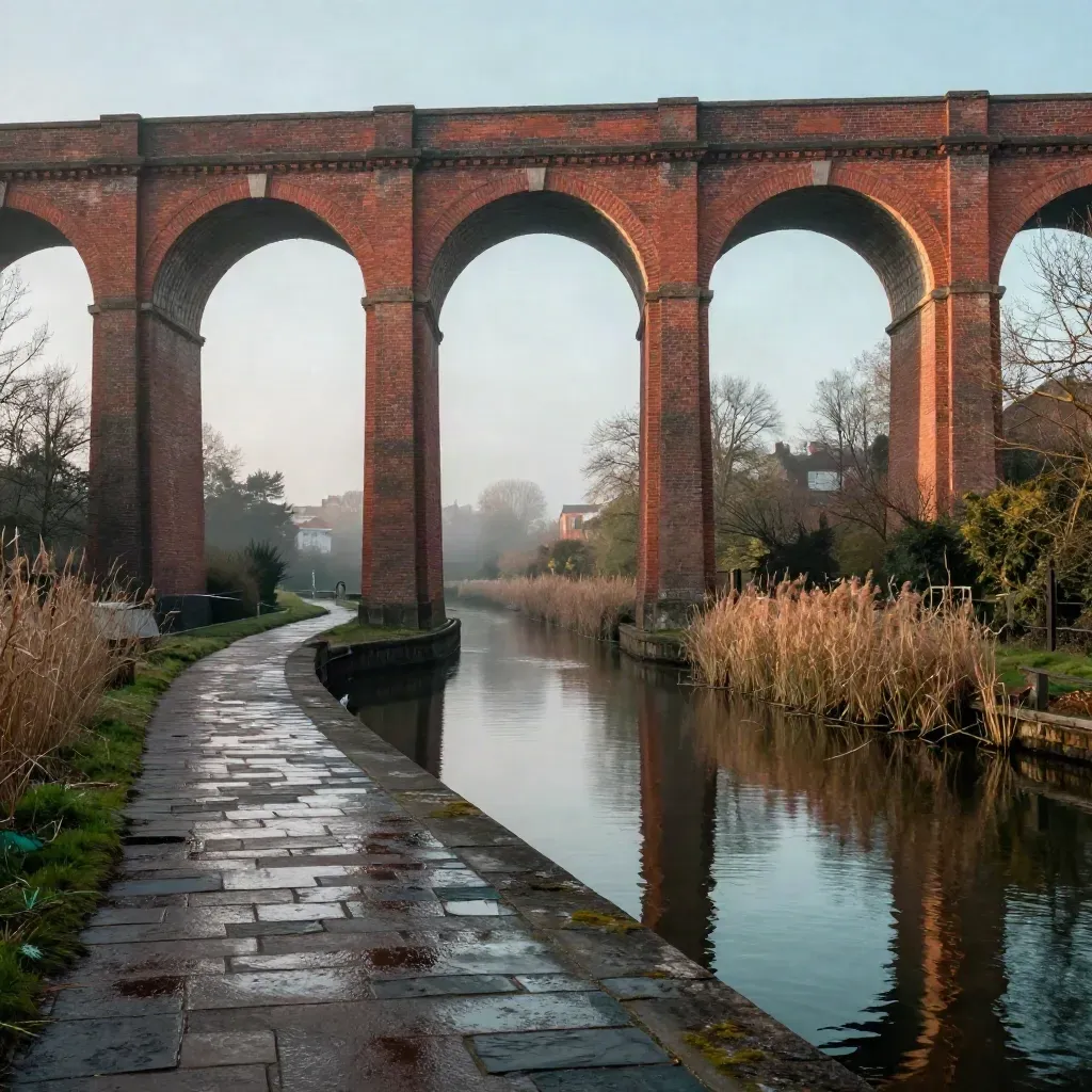 Misty Birmingham canal viaducts glowing at dusk over still water