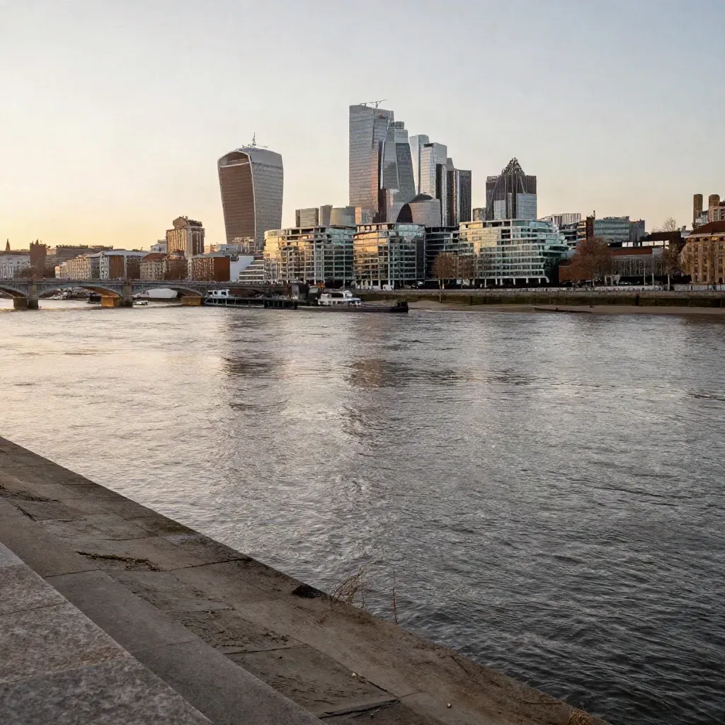 Thames skyline at South East dusk above a calm river under warm haze