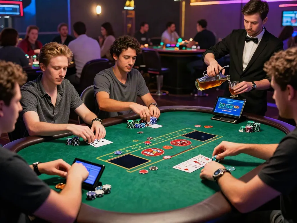 Exciting casino scene with friends playing cards, showcasing the app Nbet in action.