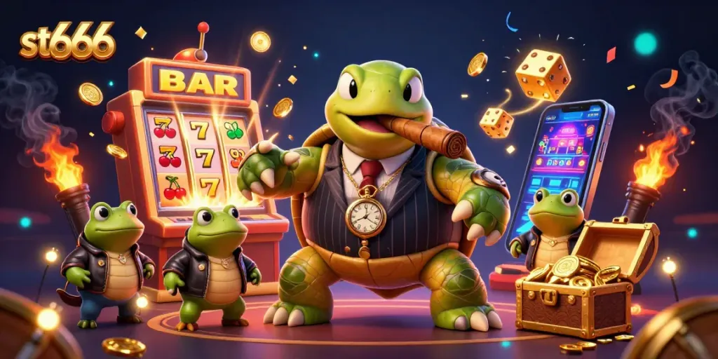 Spin the reels with st666's 3D cartoon characters celebrating a jackpot and casino thrills.