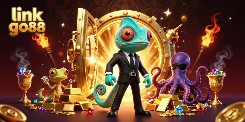 Experience the thrill of gaming with link go88, showcasing an exciting scene of colorful characters and casino treasures.
