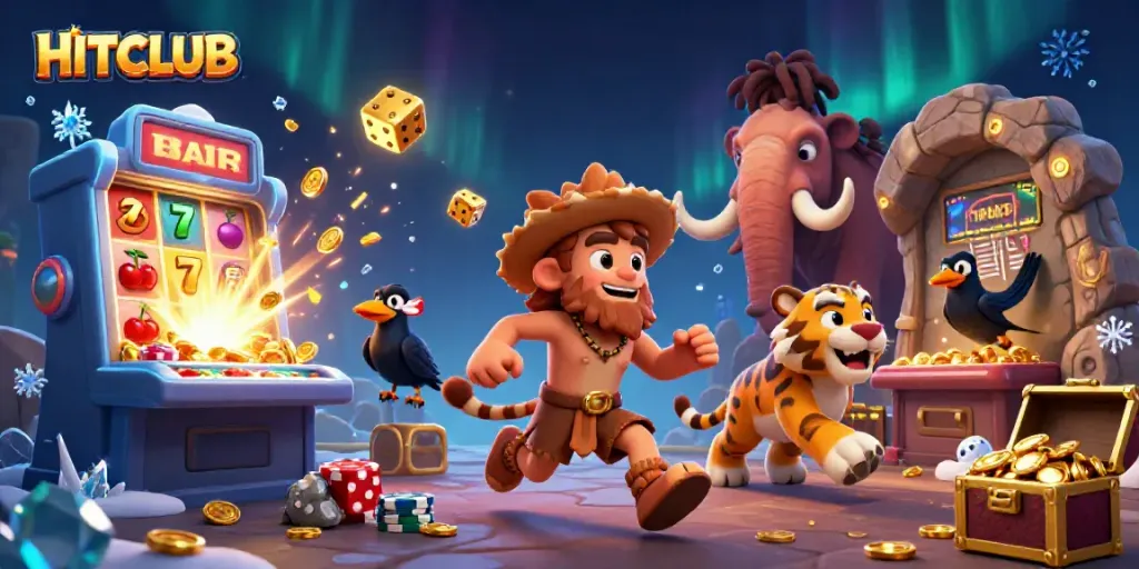 Experience the excitement of HITCLUB with 3D casino elements depicting ancient gamers in a vibrant scene along with jackpot rewards.