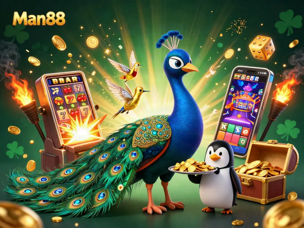 Experience thrilling wins at Man88 with a dynamic scene of a peacock and penguin amidst jackpot excitement.
