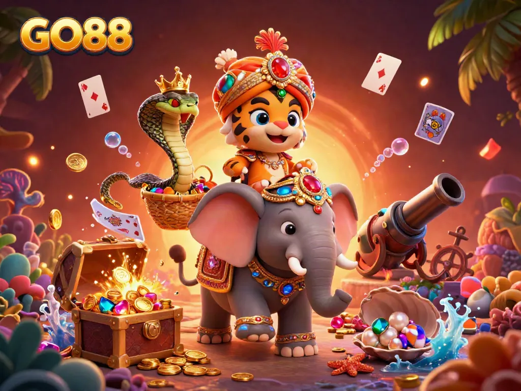 GO88 features a 3D cartoon maharaja tiger on a jewel-encrusted elephant surrounded by treasures and playing cards.