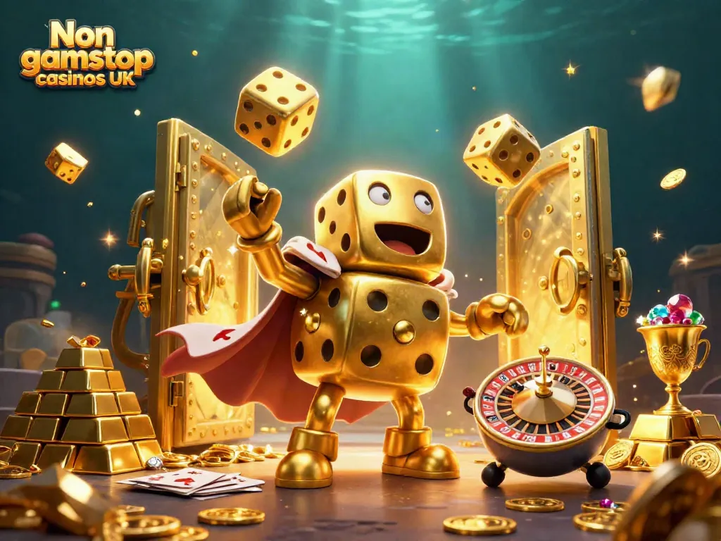 Engaging scene showcasing Non gamstop casinos UK with a golden dice golem and treasure elements.