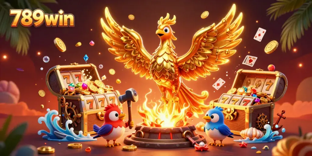 Experience the thrill of 789win with a lavish golden phoenix and dynamic slot game elements.