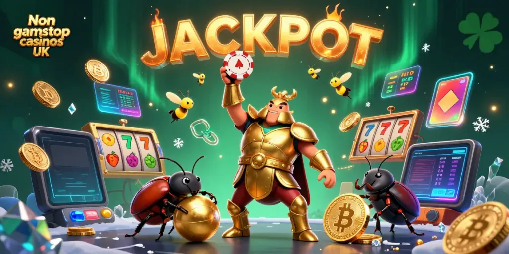 Engage in Non gamstop casinos UK with a vibrant 3D beetle victory scene bursting with gaming elements.