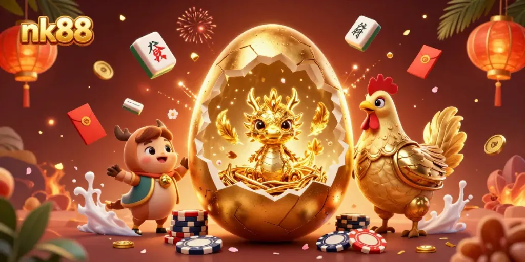 Experience thrilling gameplay with nk88 featuring golden dragon, poker chips, and festive elements in a vibrant casino scene.