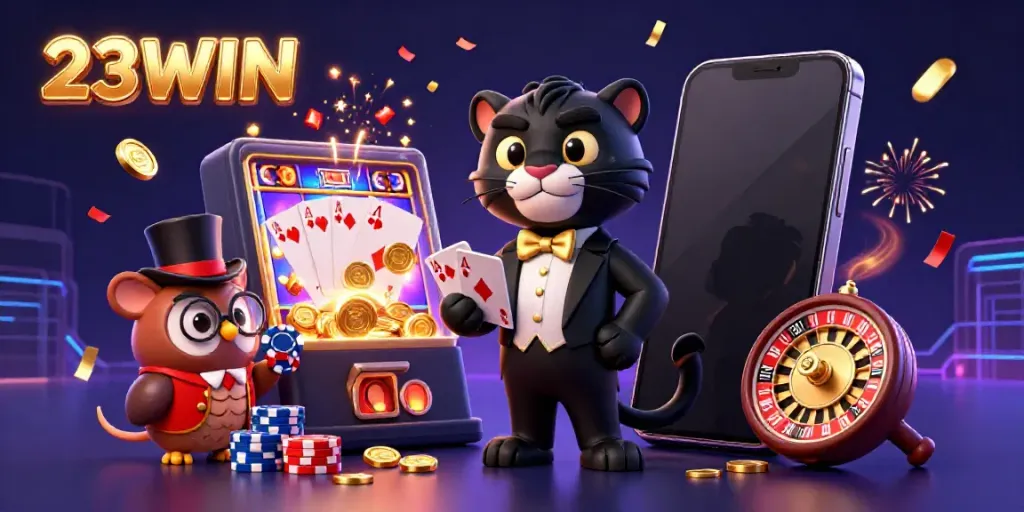 Experience the excitement of 23WIN with a panther dealer, owl, and lucky mouse in a vibrant casino scene.