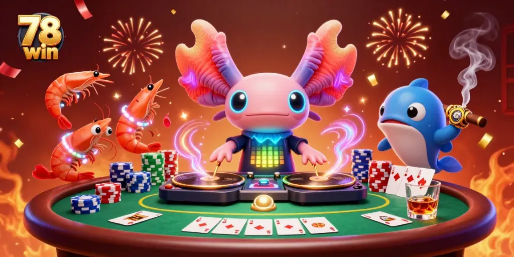 Experience exciting gameplay with 78 win's vibrant casino scene featuring cartoon characters and poker elements.