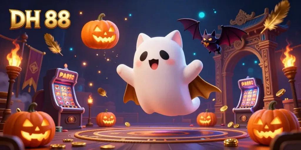 Play thrilling casino games with DH 88, featuring a ghost cat and a vampire bat in an enchanting atmosphere.