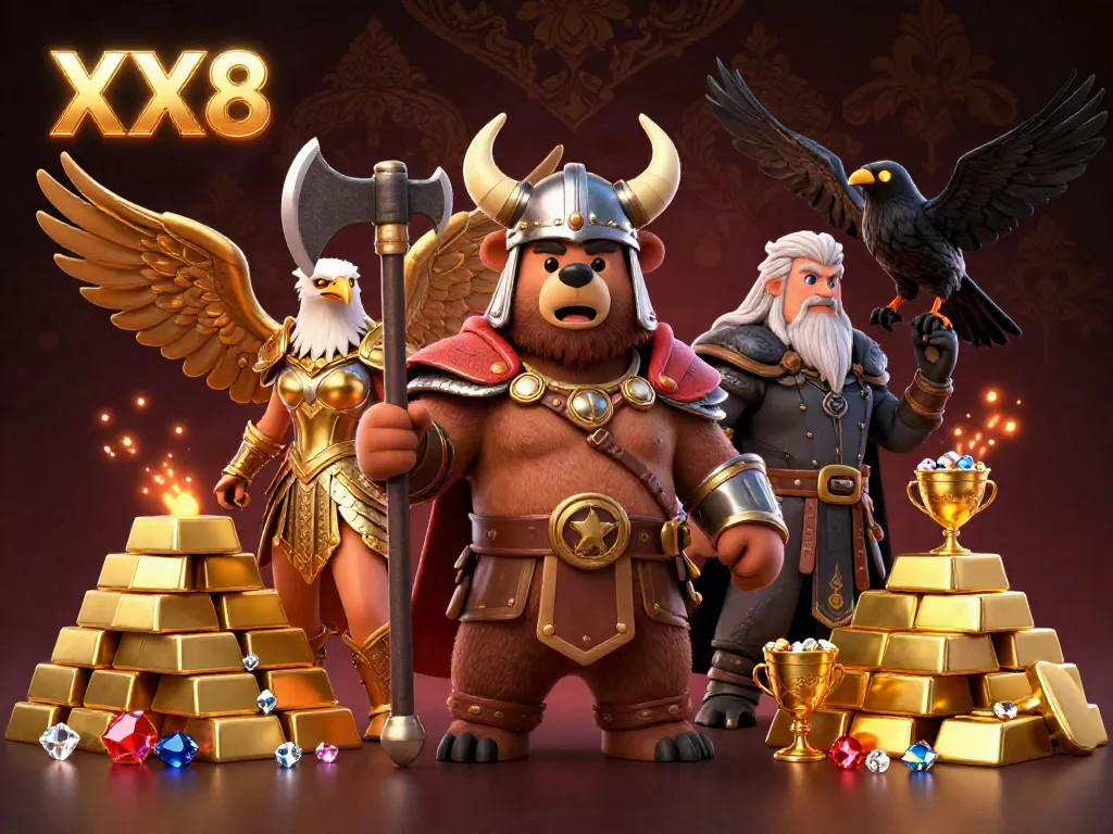 Engaging XX8 casino scene featuring characters among piles of gold and jewels.