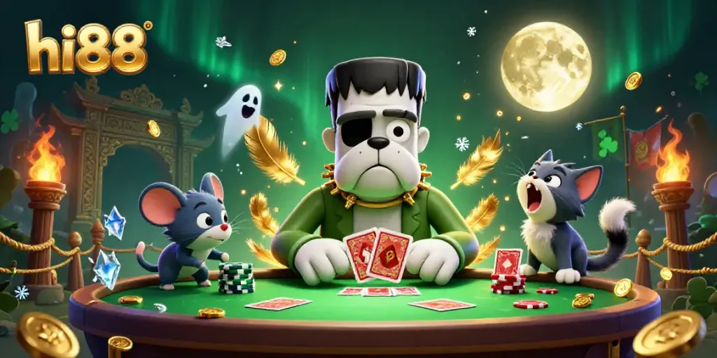 hi88 features a lively 3D scene with a Frankenstein bulldog and a ghost mouse in a casino setting, showcasing cards and chips.