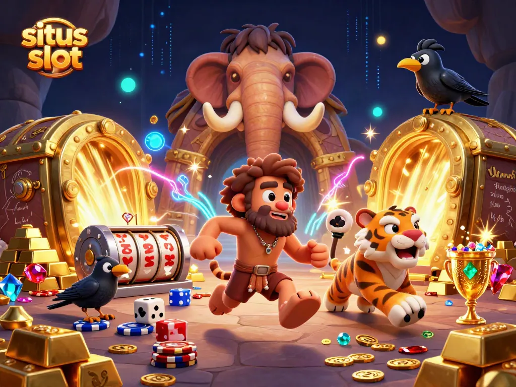 Experience thrilling gameplay at situs slot with prehistoric caveman and tiger duo in a vibrant casino environment.