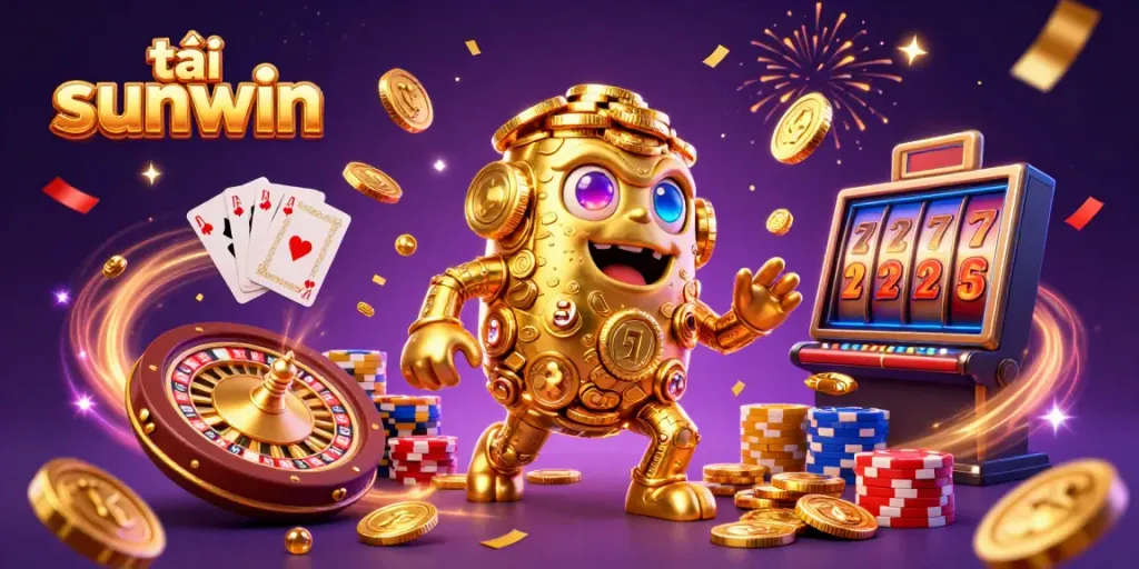 Experience excitement as you tải sunwin, with a dynamic illustration showcasing a golden golem surrounded by casino elements.