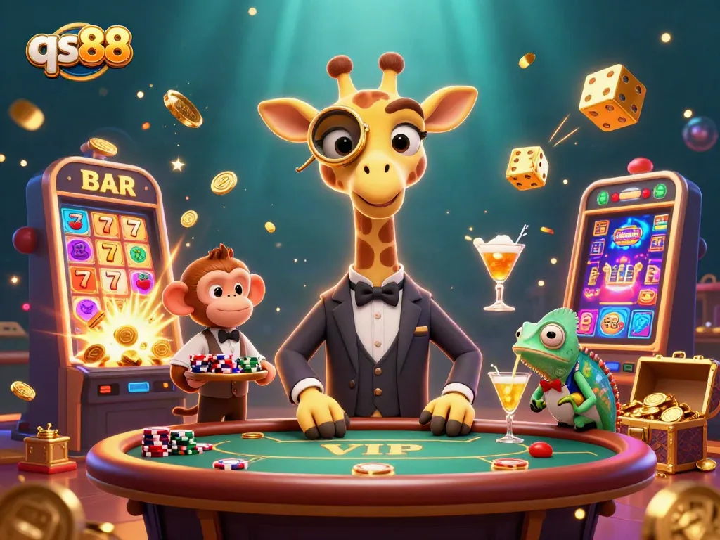 Experience the thrilling world of qs88 with vibrant casino elements and engaging characters in this dynamic illustration.
