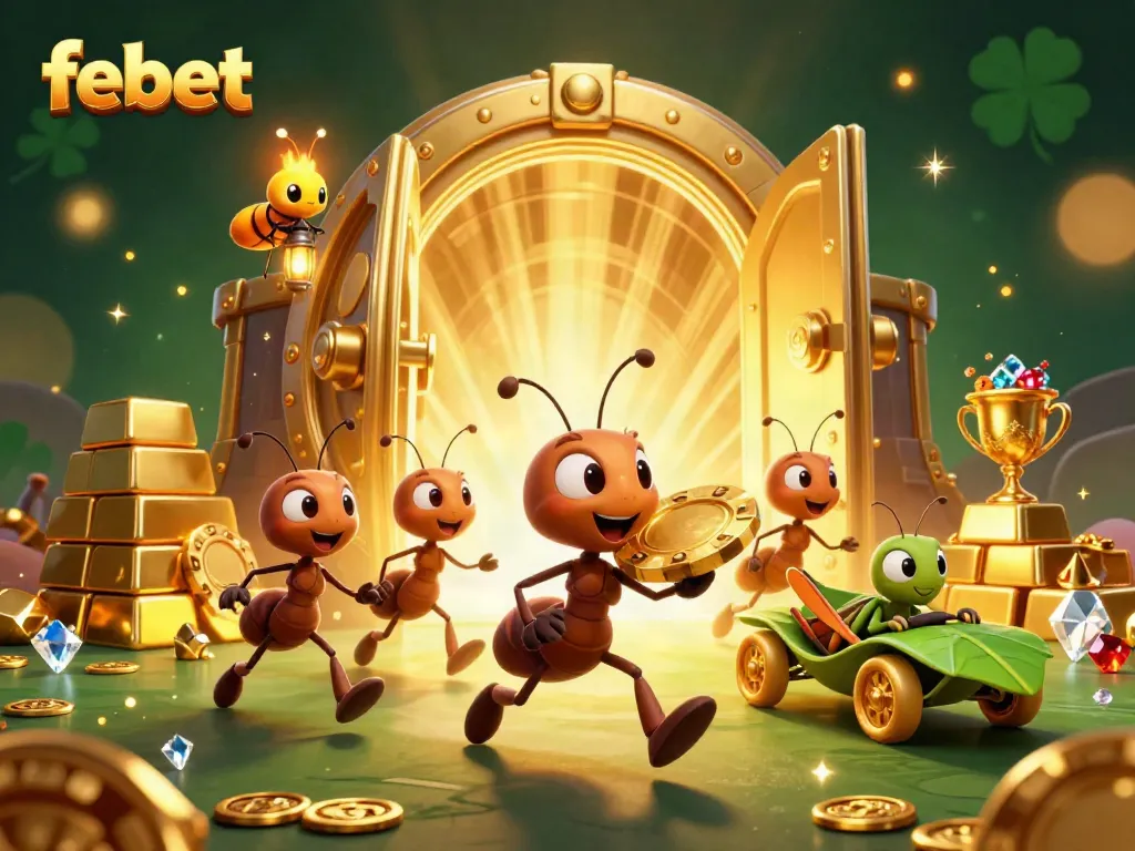 Engage in thrilling gameplay at febet with dynamic 3D ants heisting golden poker chips in a vibrant casino scene.