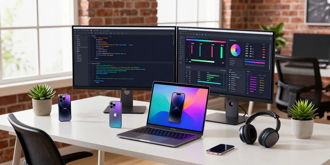 Developer demonstrating the innovative features of the iPhone 17 in a modern tech workspace