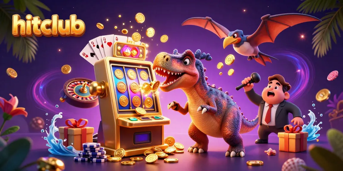 Hitclub features a pachycephalosaurus winning coins at a slot machine in a vibrant casino scene.