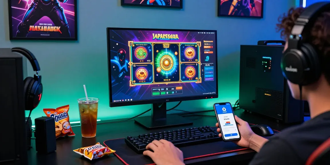 Situs slot deposit 10 ribu vibrant online gaming scene with a player engaged in a thrilling slot game at a sleek workstation.