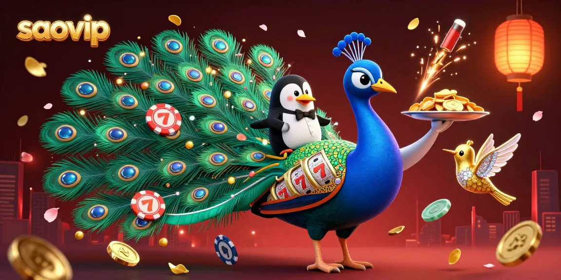 saovip showcases vibrant 3D casino elements with peacock, penguin, and hummingbird in action.