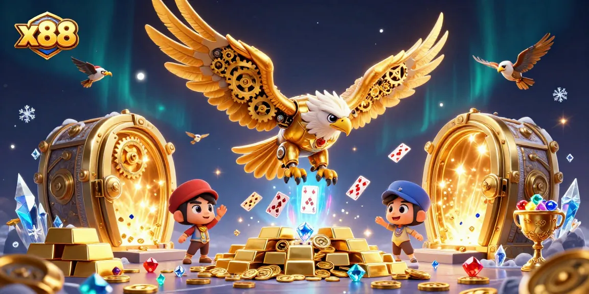 x88 players diving into a treasure vault filled with jewels and cards in an exciting online casino scene.