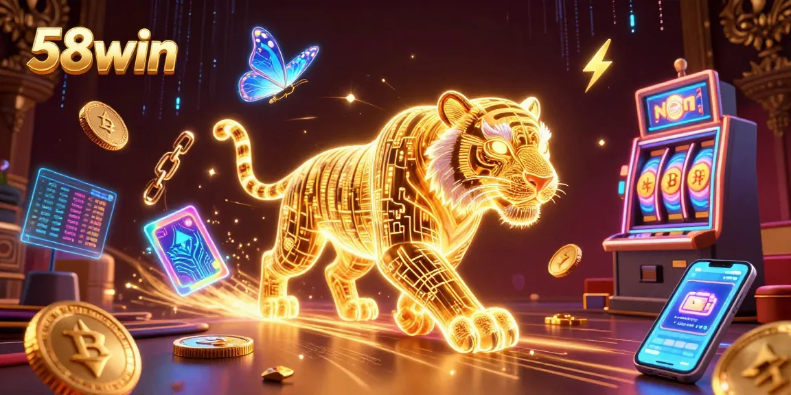 Engage in vibrant gaming action at 58win, featuring a neon tiger in a digital casino.